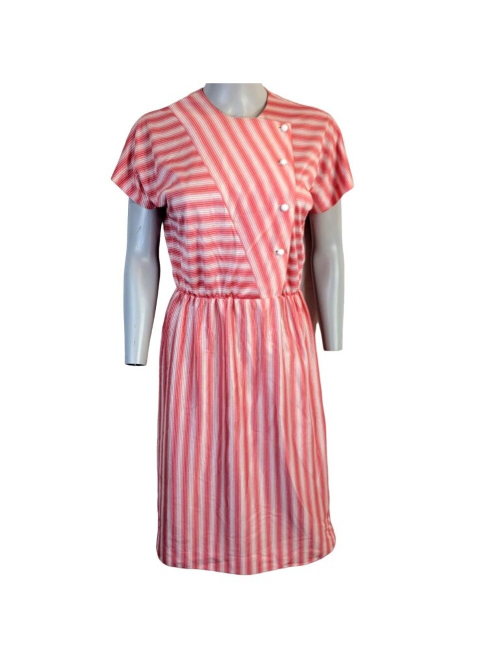 Vintage 50s Retro Stripe Button Dress Women Large Red Short Sleeve Knee Length L